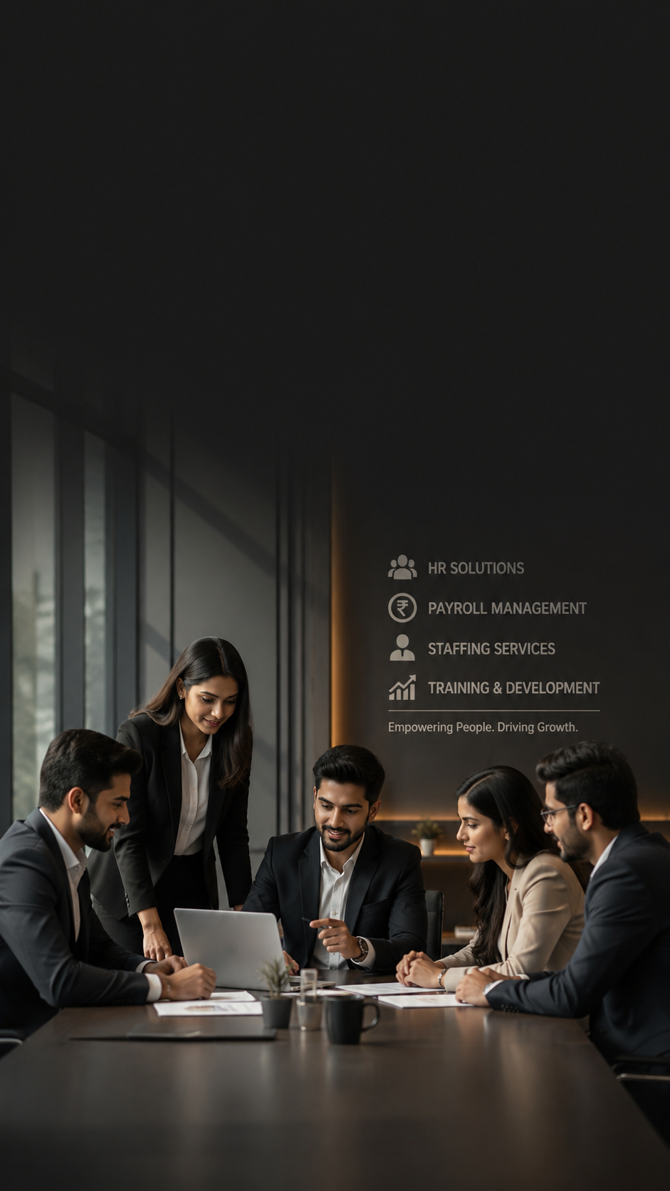 Professional team in a meeting with HR solutions, payroll, staffing, and training services